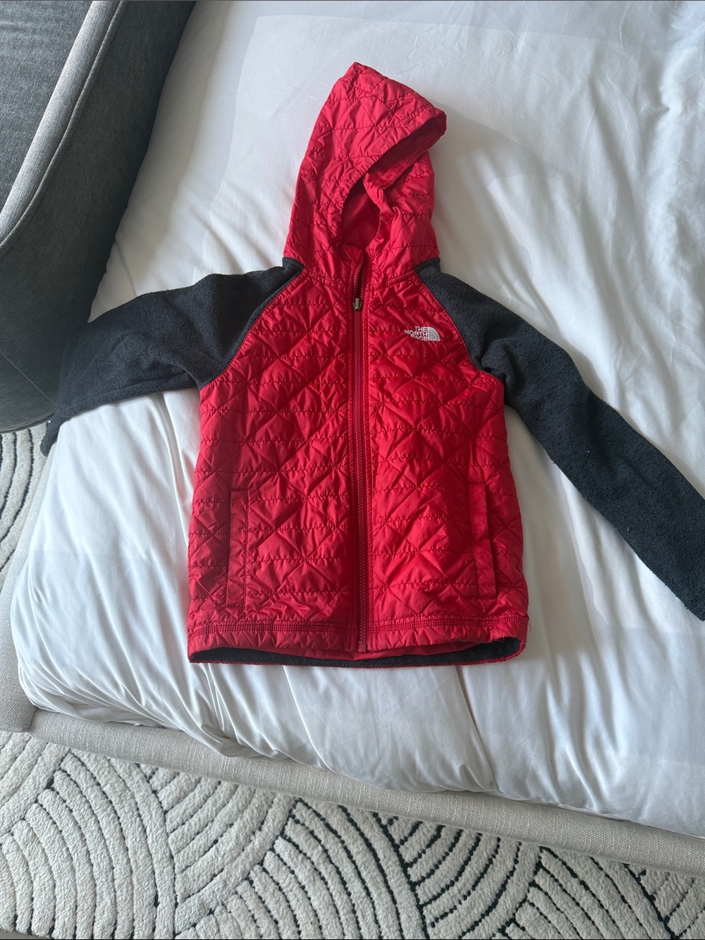 The North Face Kids Red Quilted Hooded Jacket with Gray Sleeves